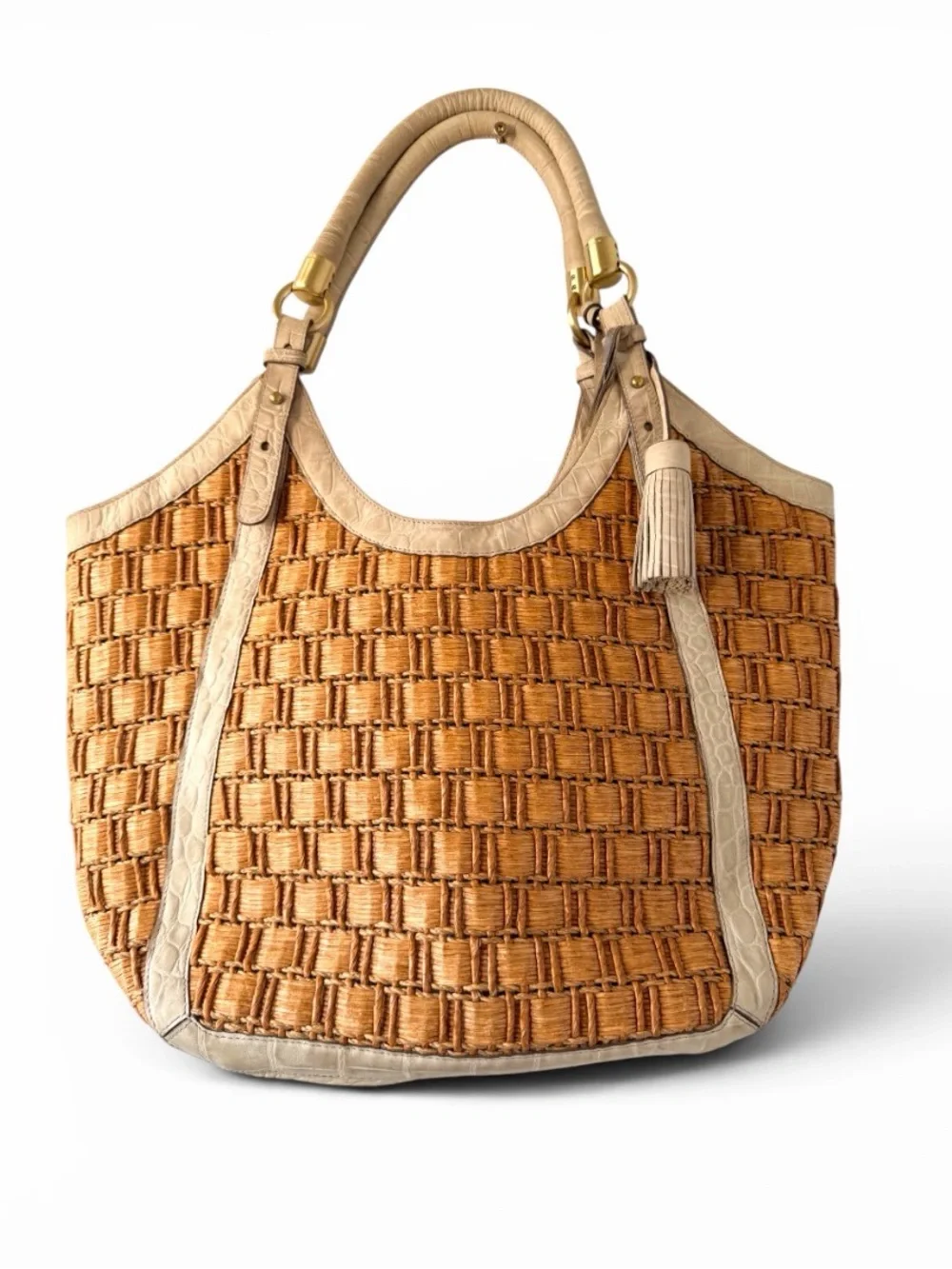 Brahmin Woven Straw Tote with Cream Leather Trim embossed croc - Picture 1 of 12